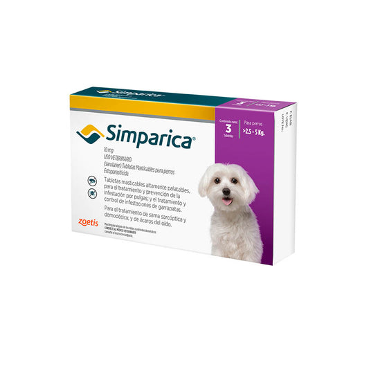 SIMPARICA 10 mg 3 Tabletas 2.5 a 5kg (5.5 lb - 11 lb)