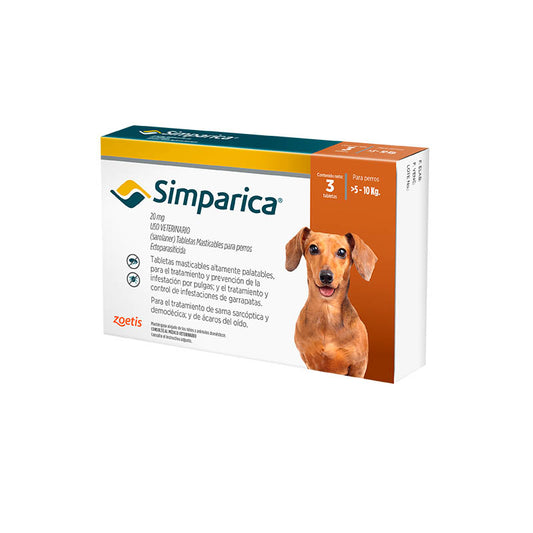 SIMPARICA 20 mg 3 Tabletas 5 a 10 kg (11.1 lb - 22 lb)