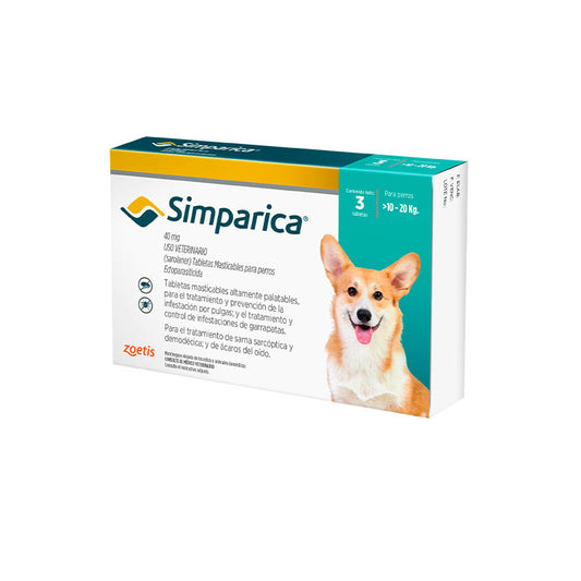SIMPARICA 40 mg 3 Tabletas 10 a 20 Kg (22.1 lb - 44 lb)