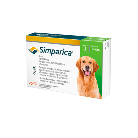 SIMPARICA 80 mg 3 Tabletas 20 a 40 kg (44.1 lb - 88 lb)